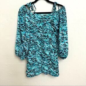 Pretty Little Thing Blue Green abstract Ruched Mini Dress Puff Sleeves